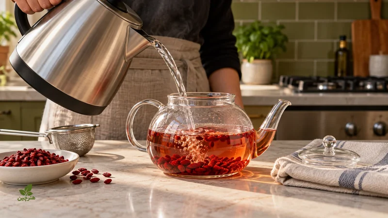 ریختن آب داغ روی میوه زرشک در قوری شیشهای برای تهیه دمنوش