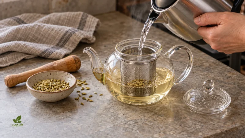 ریختن آب داغ روی مقدار کمی رازیانه در صافی قوری شیشه‌ای