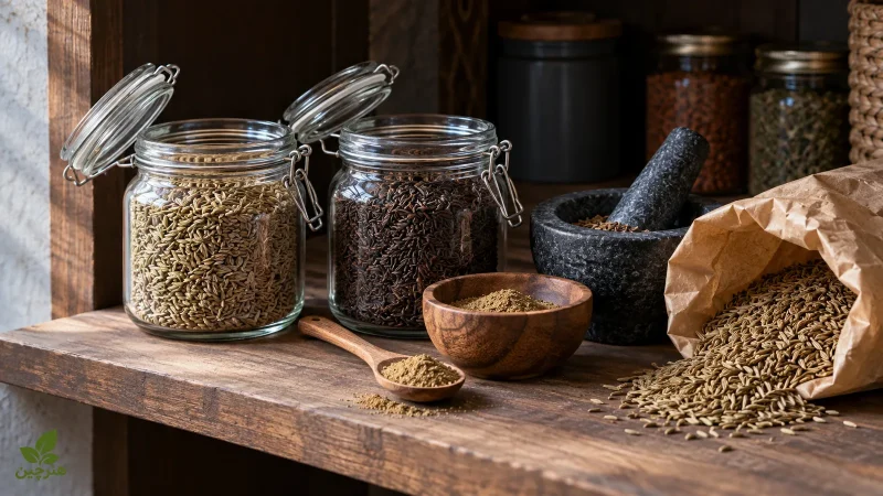 نگهداری زیره سبز و سیاه در ظرف شیشه‌ای دربسته