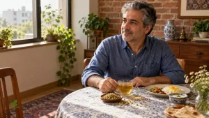 فنجان دمنوش بابونه کنار گل خشک و وعده غذا روی میز مردی نشسته