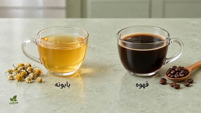 دمنوش طلایی بابونه در چپ و قهوه سیاه در راست