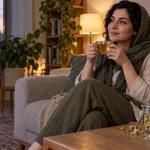 نوشیدن دمنوش بابونه در فضای آرام خانه هنگام عصر