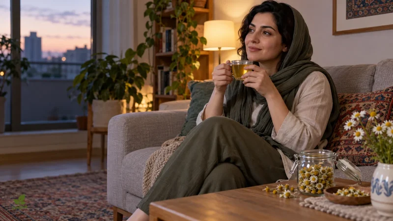 نوشیدن دمنوش بابونه در فضای آرام خانه هنگام عصر