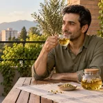 نوشیدن دمنوش بابونه در بالکن پس از پایان کار روزانه