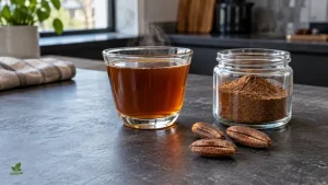 چای هسته خرما کنار پودر برشته و هسته‌های خرما