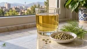 فنجان دمنوش رازیانه کنار دانههای خشک و شاخهٔ سبز رازیانه