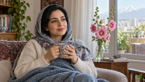زنی با نوشیدنی گرم کنار گلهای صورتی ختمی