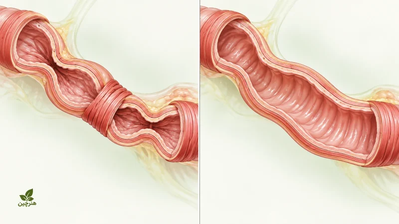مقایسه آموزشی گرفتگی عضله روده در چپ و حالت آرام‌تر آن در راست