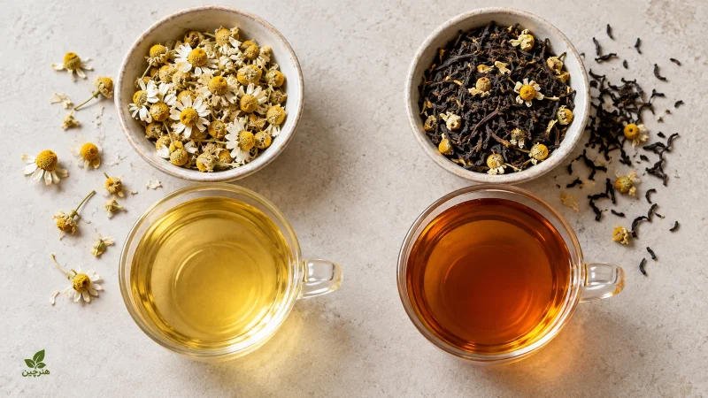 دمنوش خالص بابونه در سمت چپ و ترکیب بابونه با چای سیاه در سمت راست