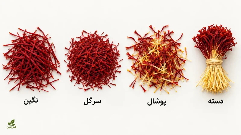 مقایسه شکل زعفران نگین، سرگل، پوشال و دسته با نام هر نوع