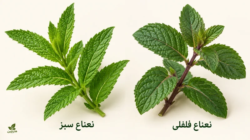 مقایسه شاخه و برگ نعناع سبز و نعناع فلفلی کنار نام هر گیاه
